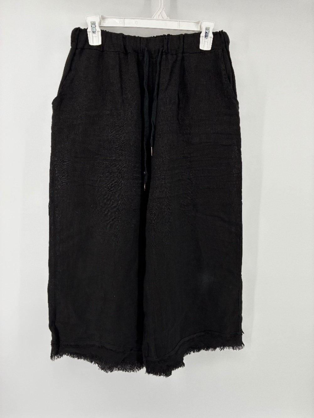 Black Cropped Raw Hem 100% Linen Wide Leg Pants